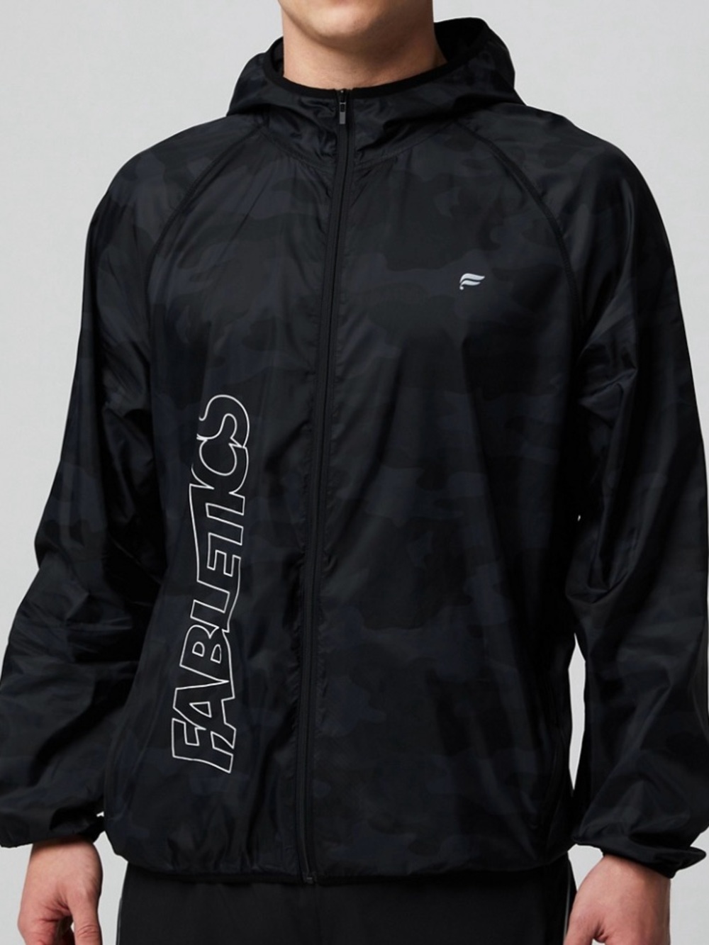 Fabletics Men’s Black Camo Lightweight Hooded Jacket